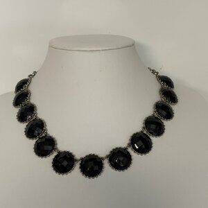Black Faceted Bead Necklace Silver Tone Lay Flat Statement Jewelry 18-20 inch